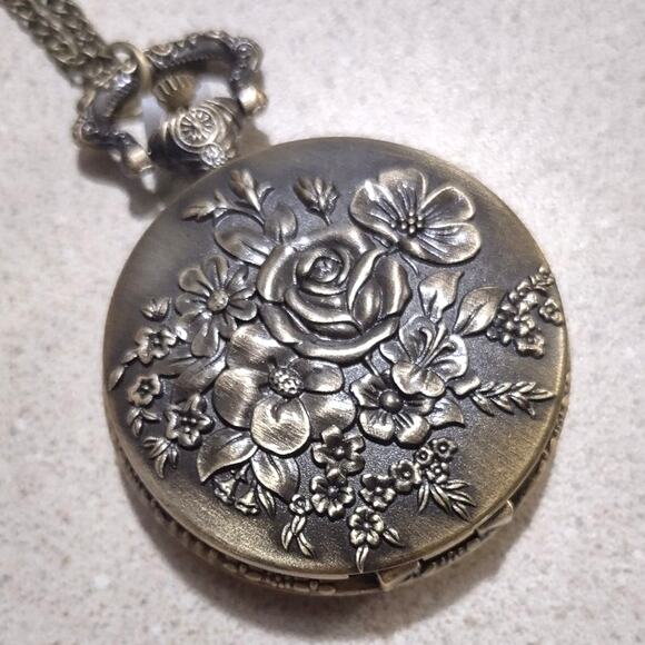 Gold Rose Roses Pocket Watch Necklace Christmas Birthday Anniversary Gift - NEW main image 4